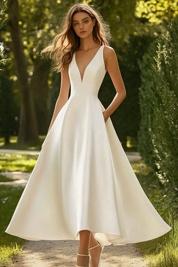 Simple White A Line V Neck Satin Long Formal Dress